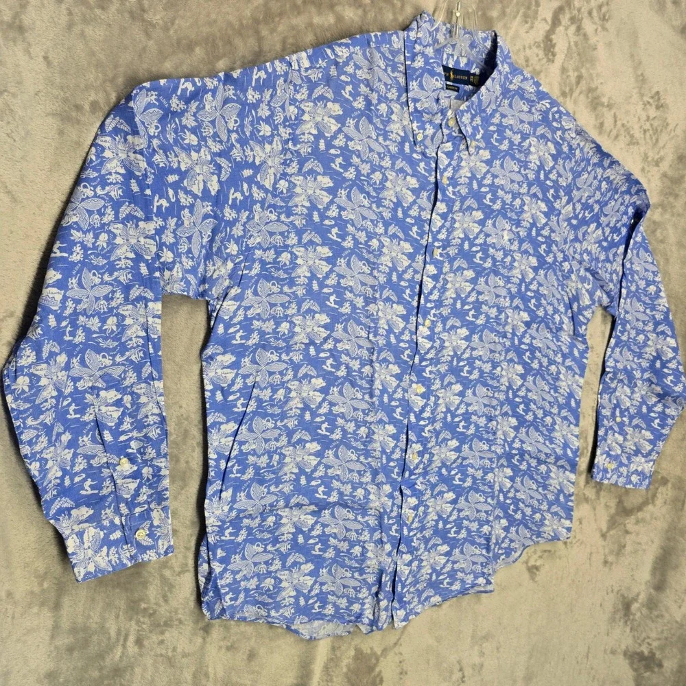 Ralph Lauren Button Down Shirt Mens XXL Blue White Linen Hawaiian Aloha Classic